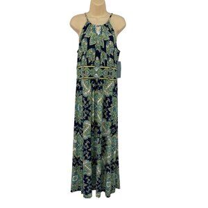 London Times Paisley Sleeveless Stretch Maxi Dress Green Navy Size 12 NEW